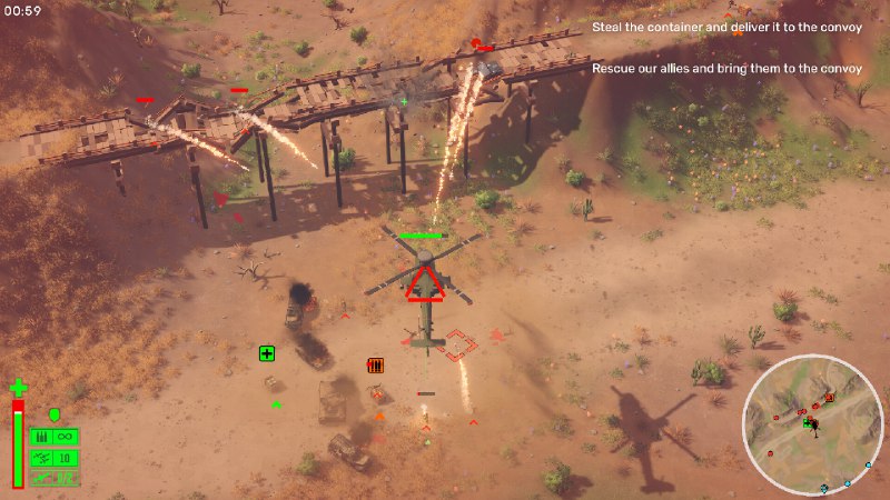 允许开火/Cleared Hot《允许开火》是一款拥有优秀物理效果和轻度战术元素的复古风直升机射击游戏